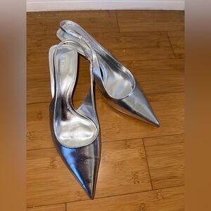 Zara Metallic Silver Sling Back Pointed Kitten Heels-Size 9